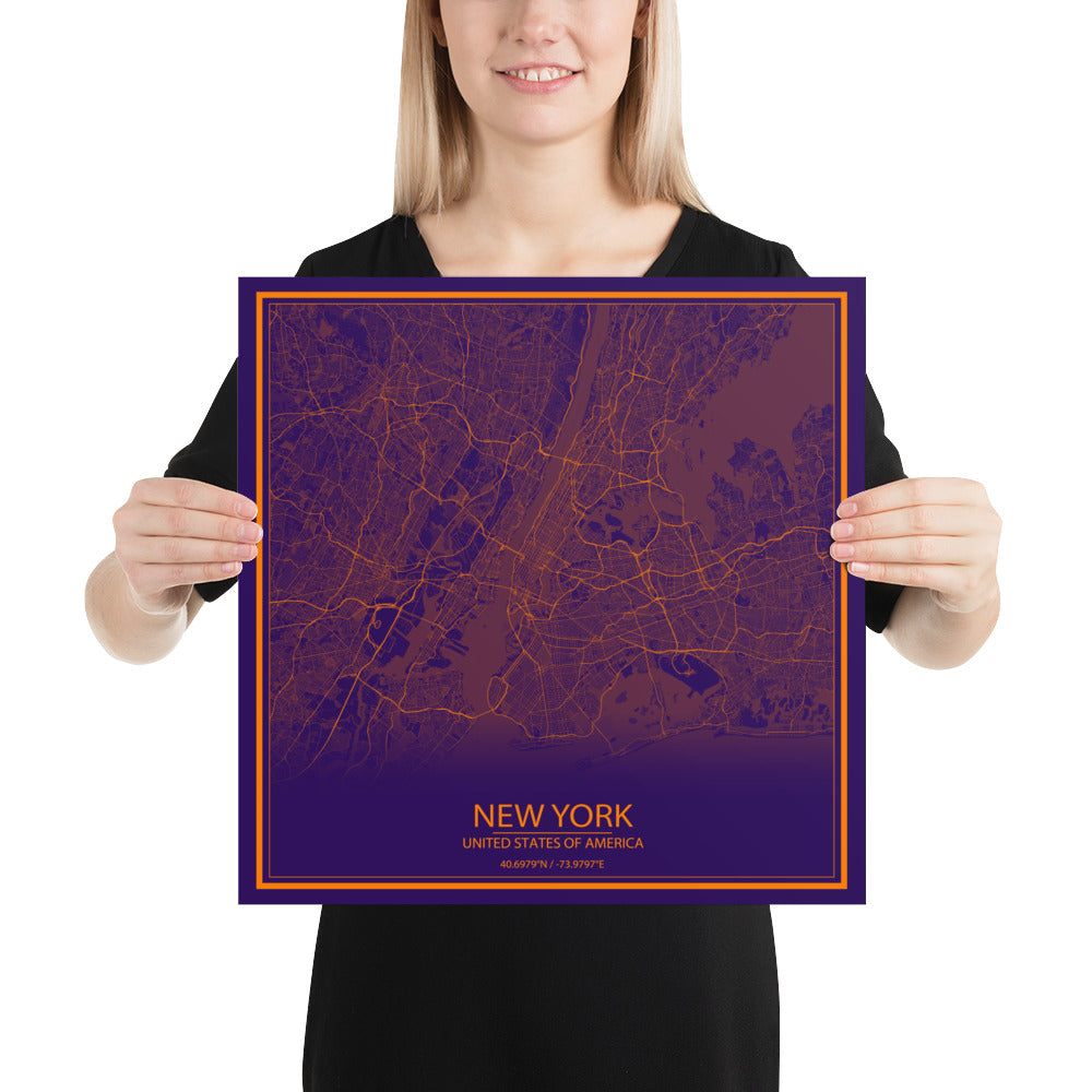 New York Purple and Orange Paper Map