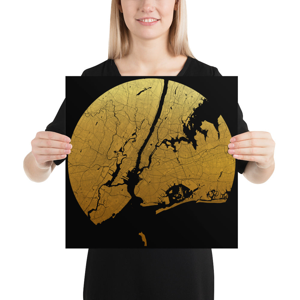 New York Gold on Black Paper Map