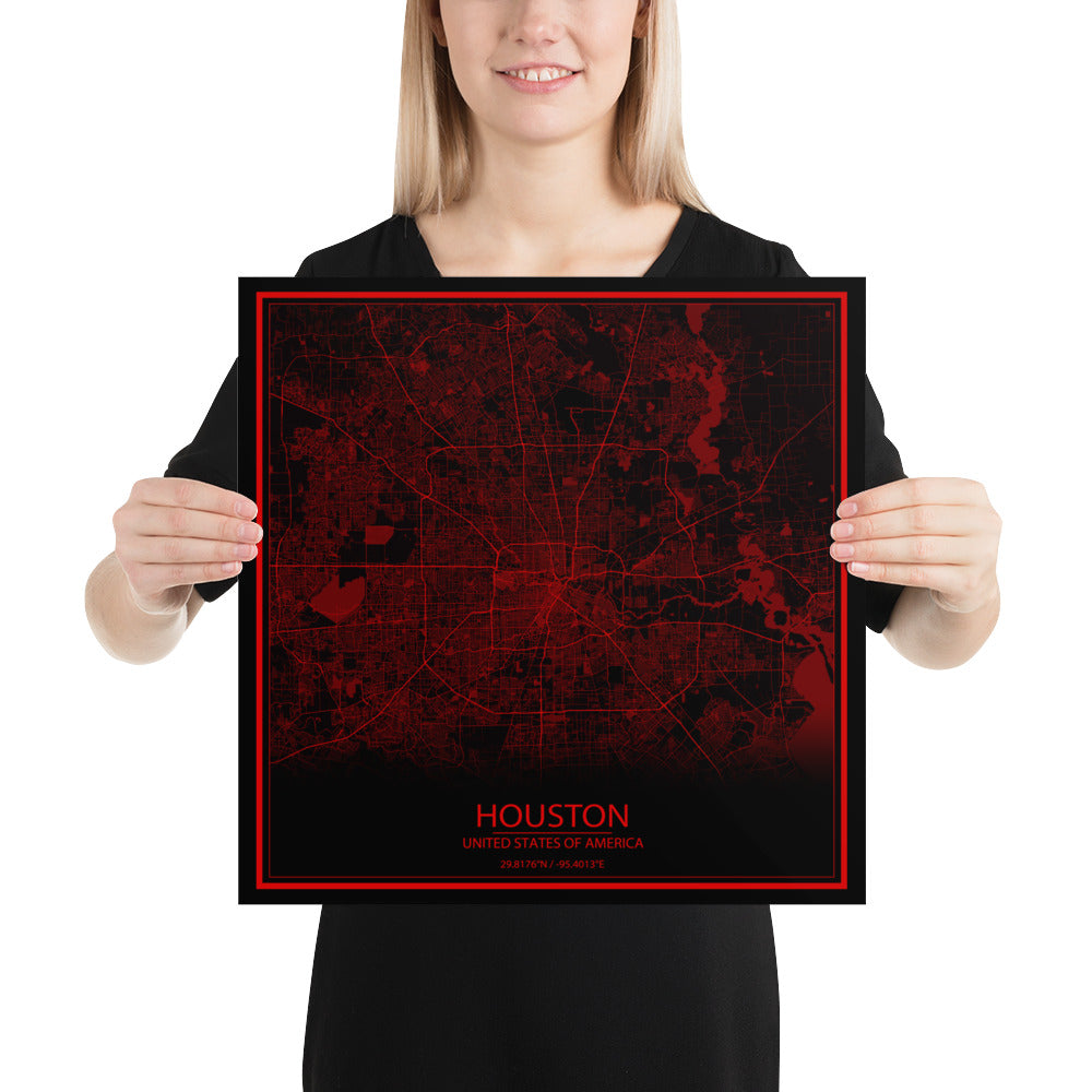 Houston Black and Red Paper Map