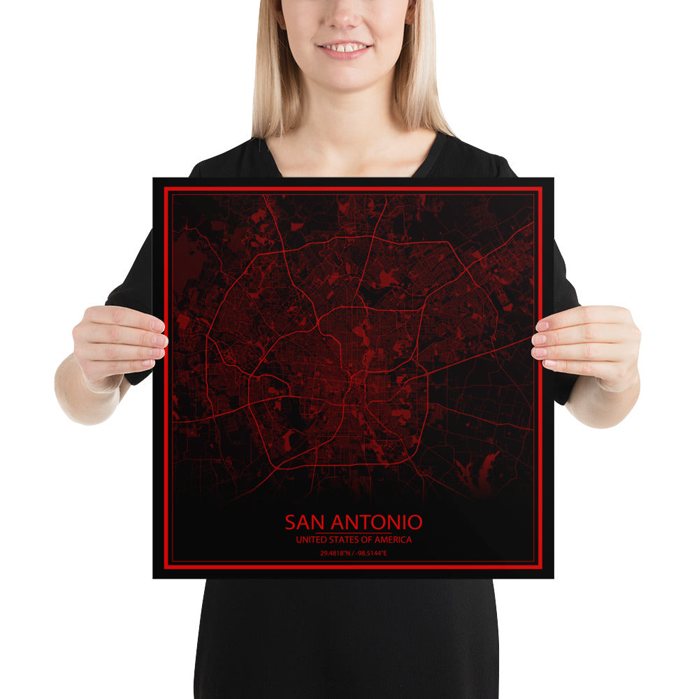 San Antonio Black and Red Paper Map