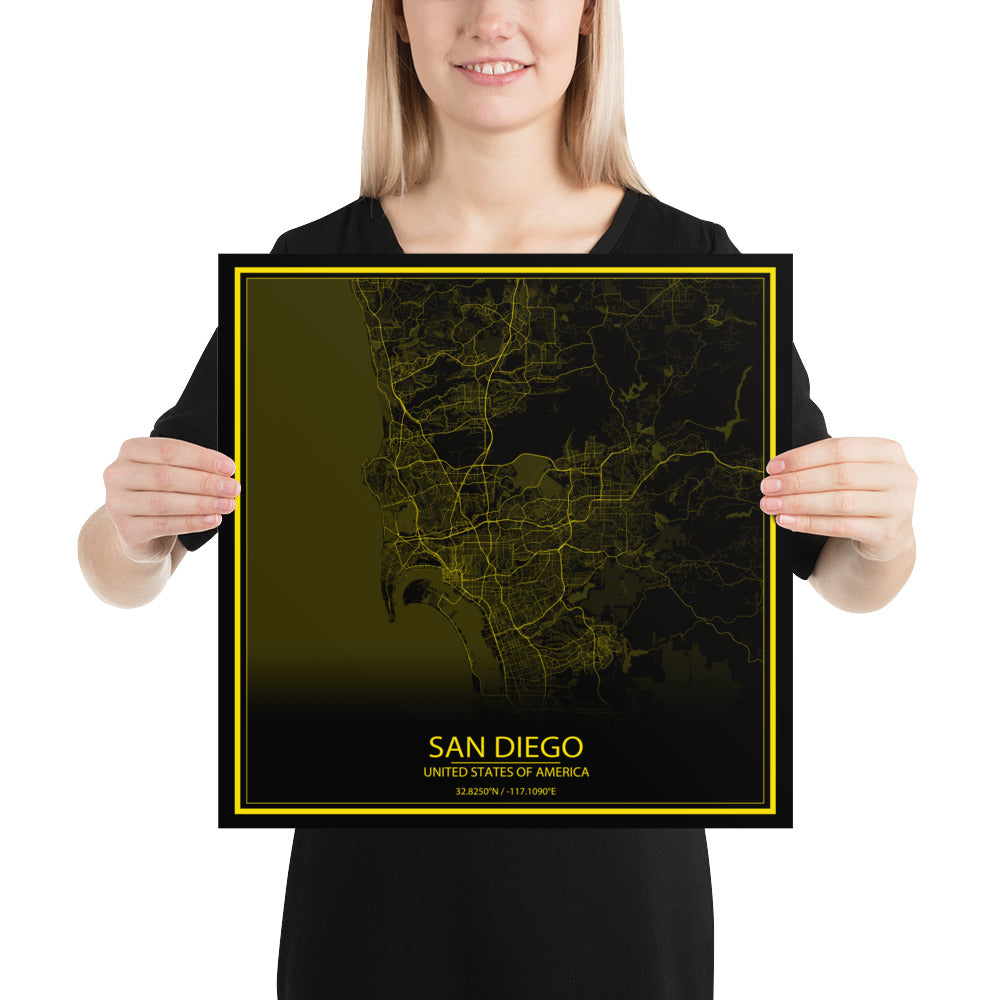 San Diego Black and Yellow Paper Map