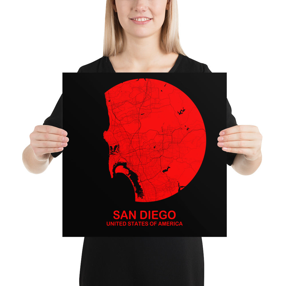 San Diego Circular Red Paper Map