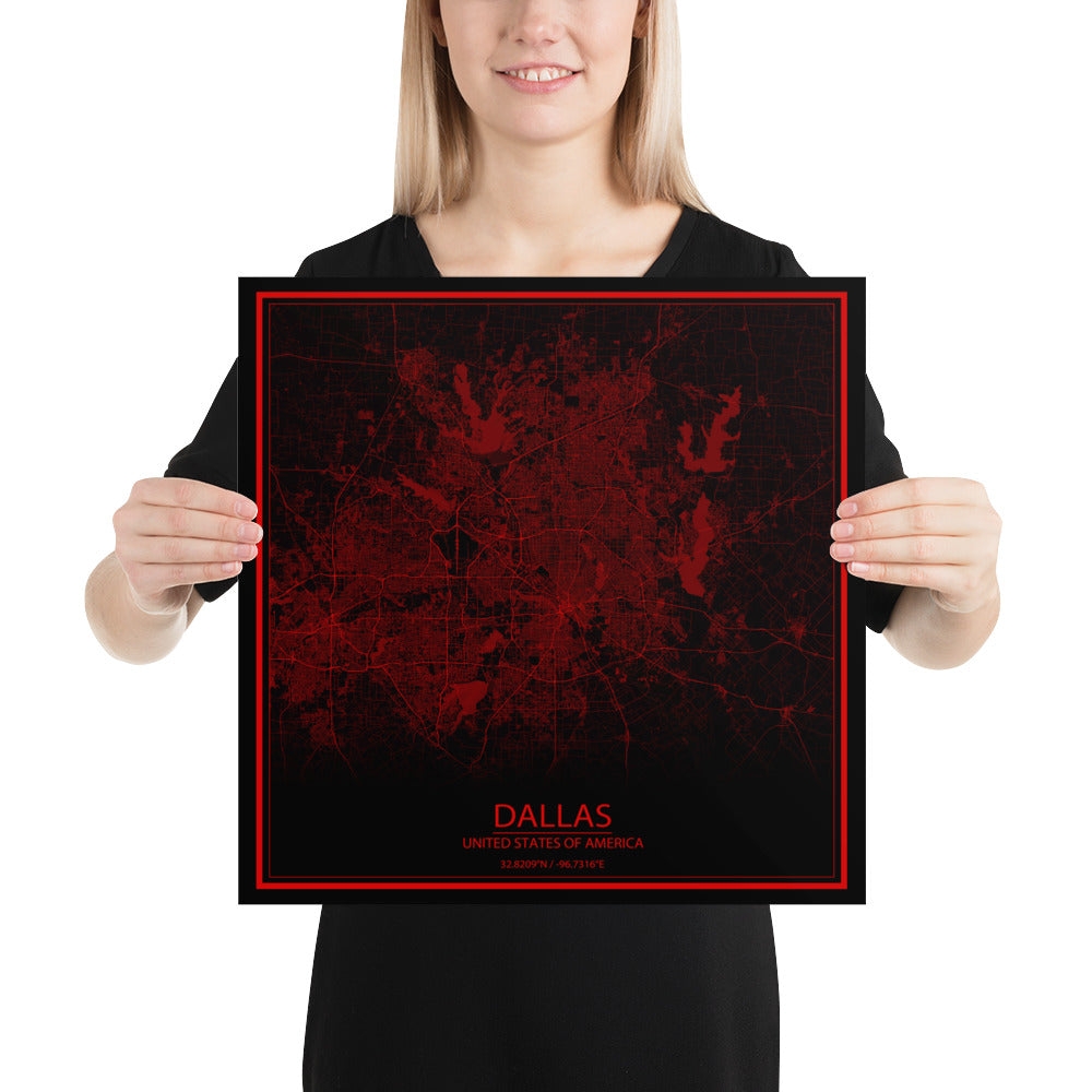 Dallas Black and Red Paper Map