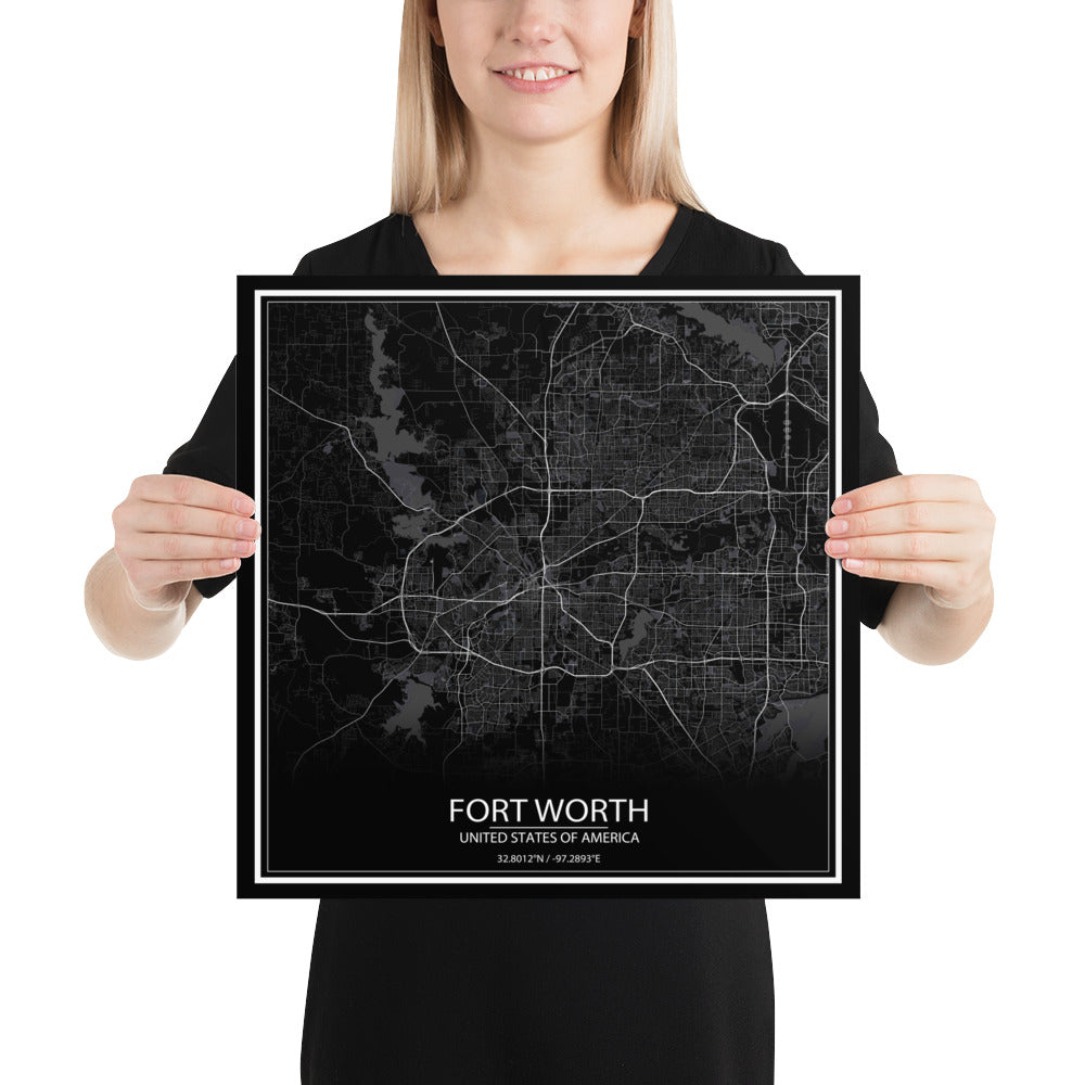 Fort Worth Black Paper Map