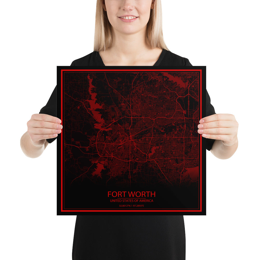 Fort Worth Black and Red Paper Map