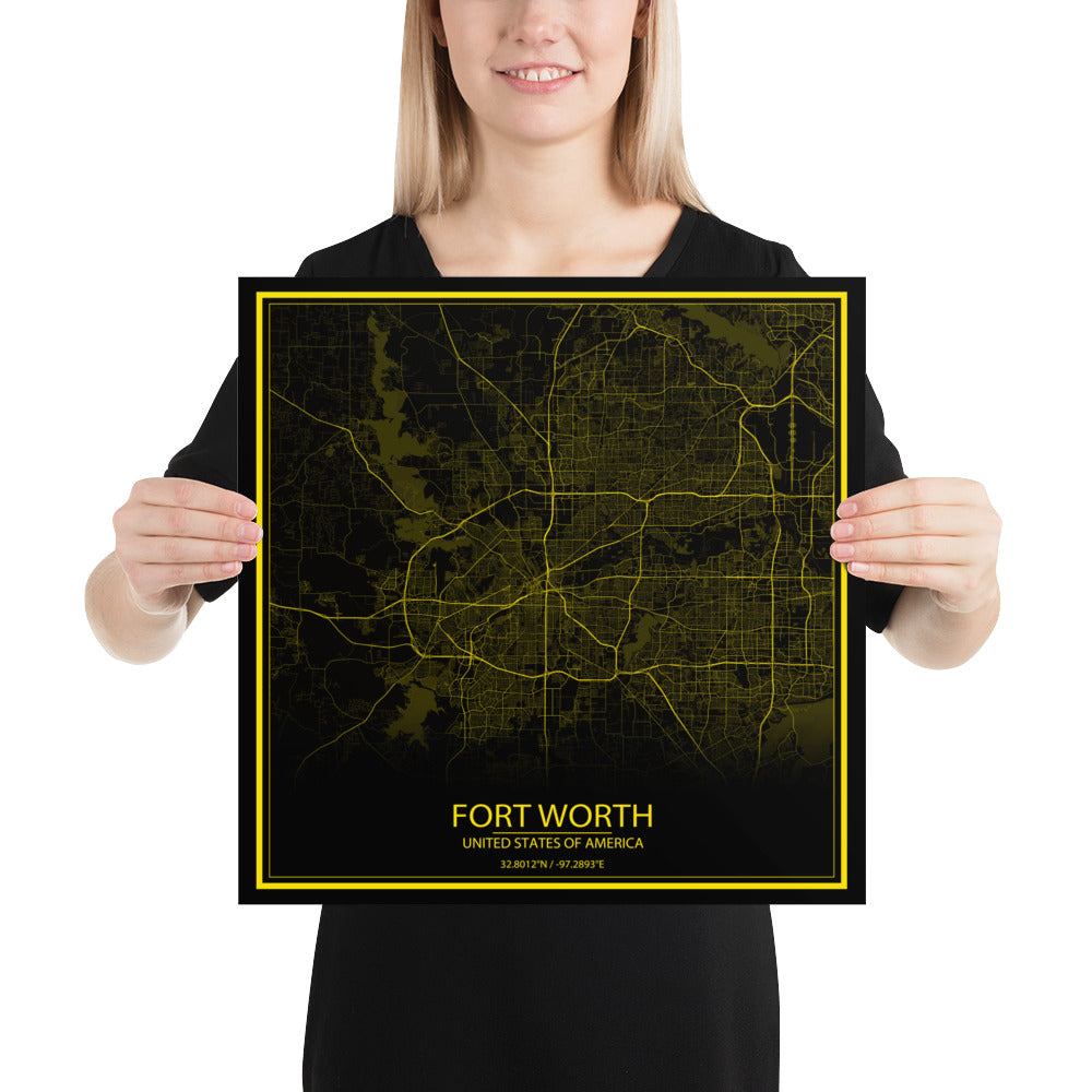 Fort Worth Black and Yellow Paper Map