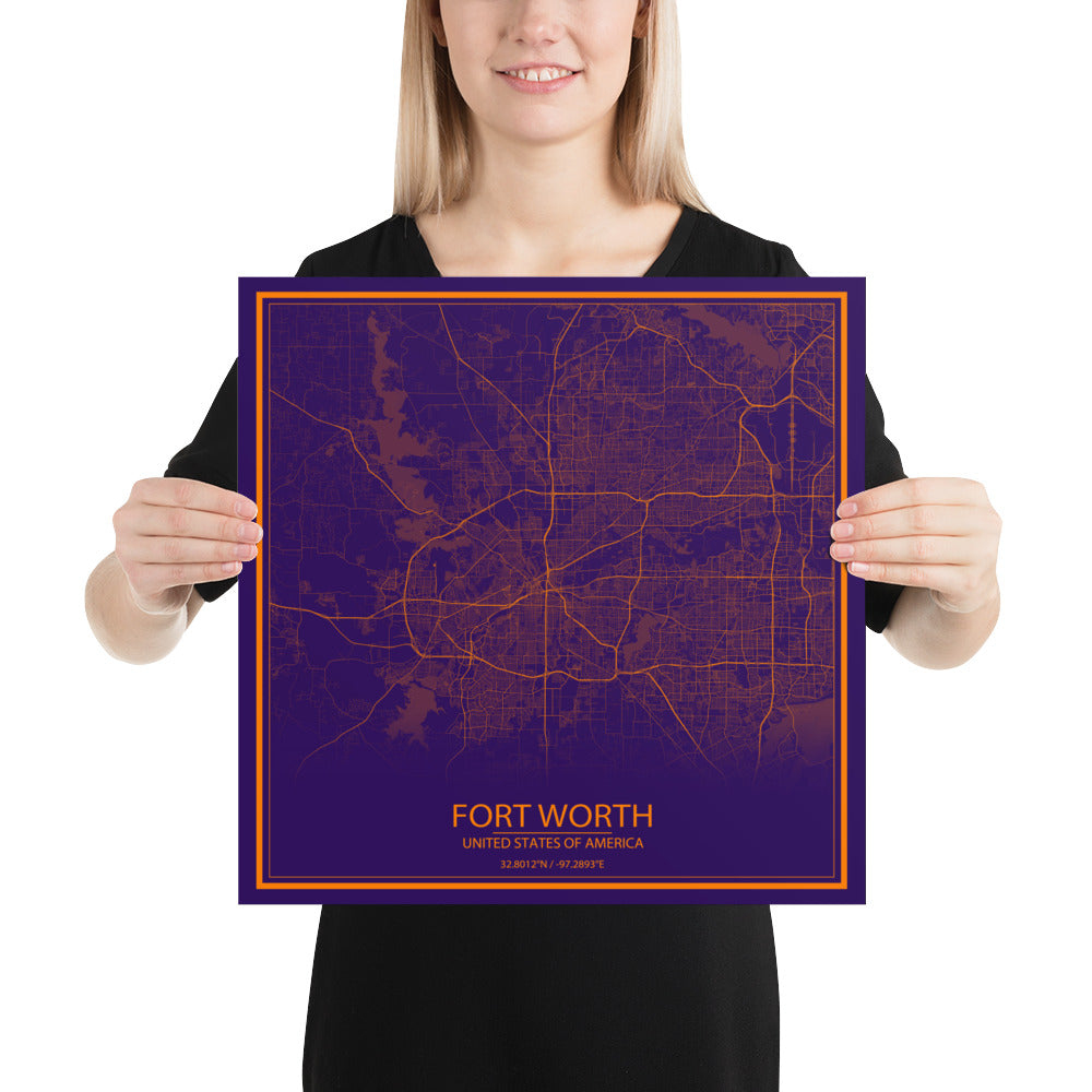 Fort Worth Purple and Orange Paper Map