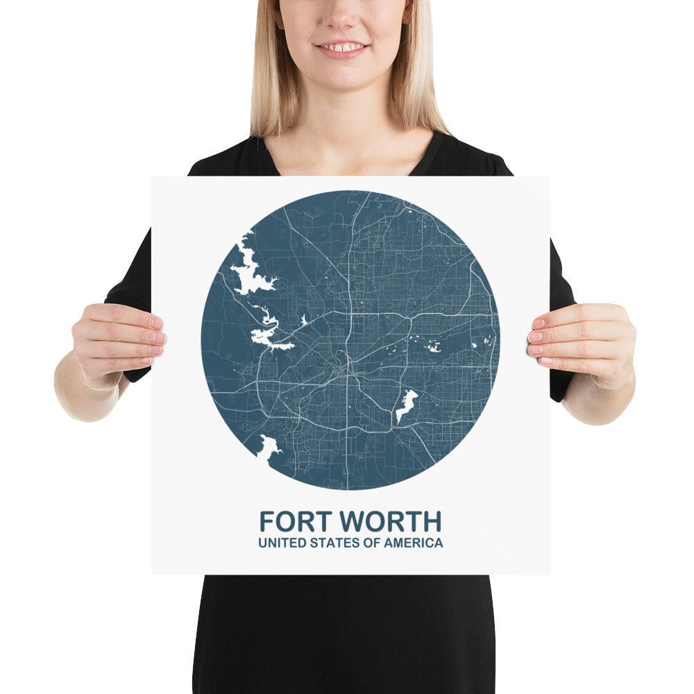 Fort Worth Circular Blue Paper Map