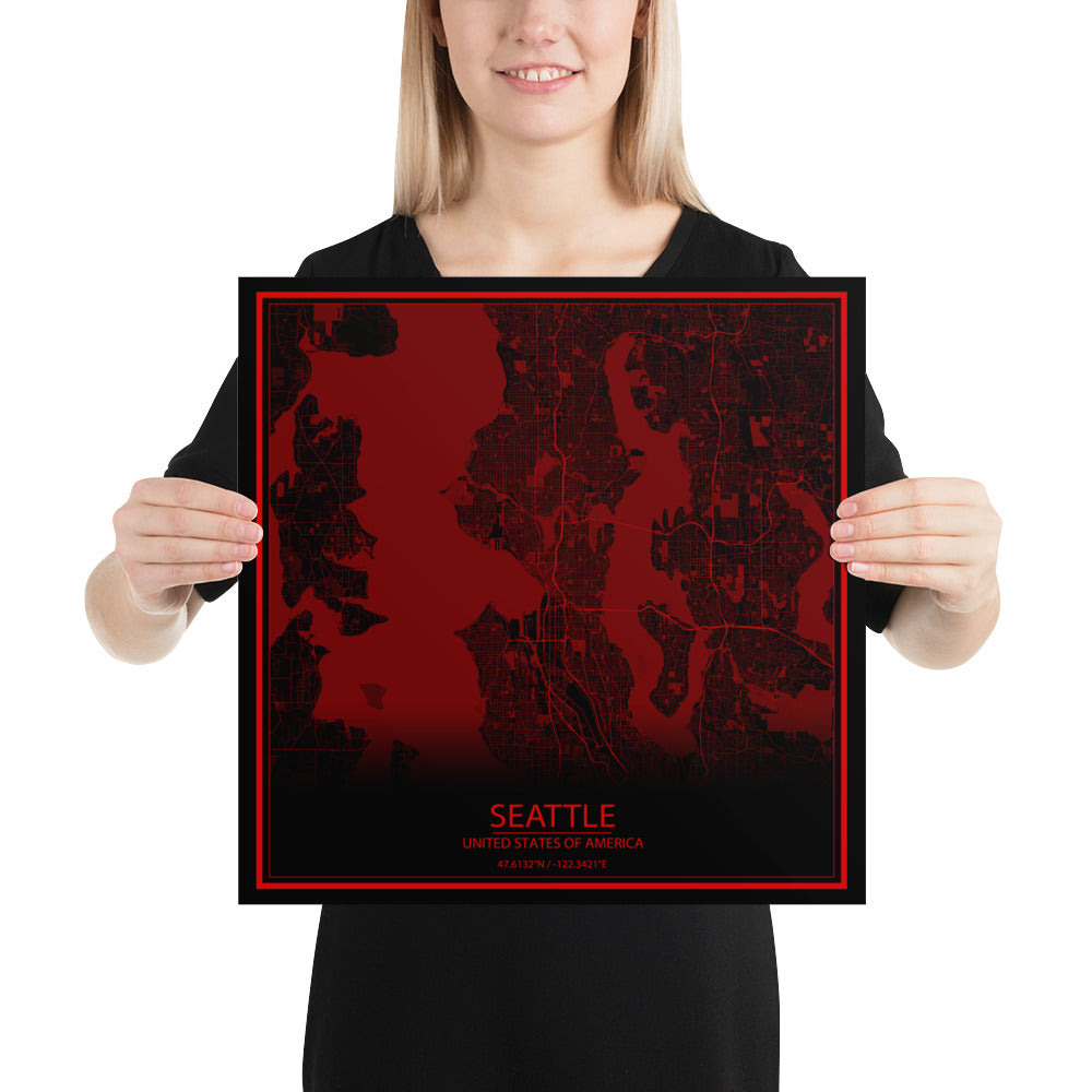 Seattle Black and Red Paper Map