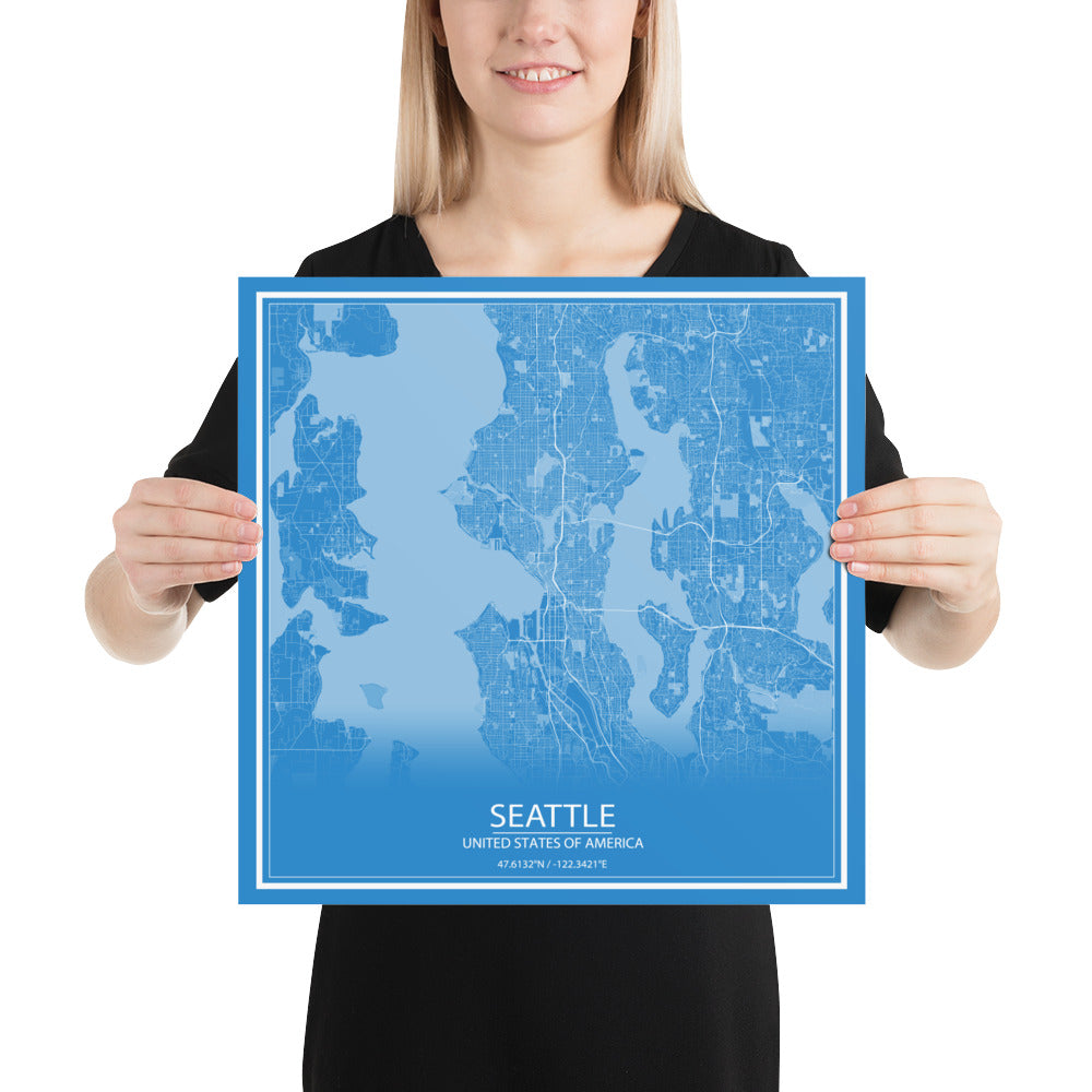 Seattle Blue and White Paper Map