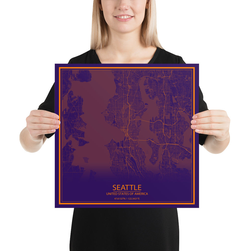 Seattle Purple and Orange Paper Map