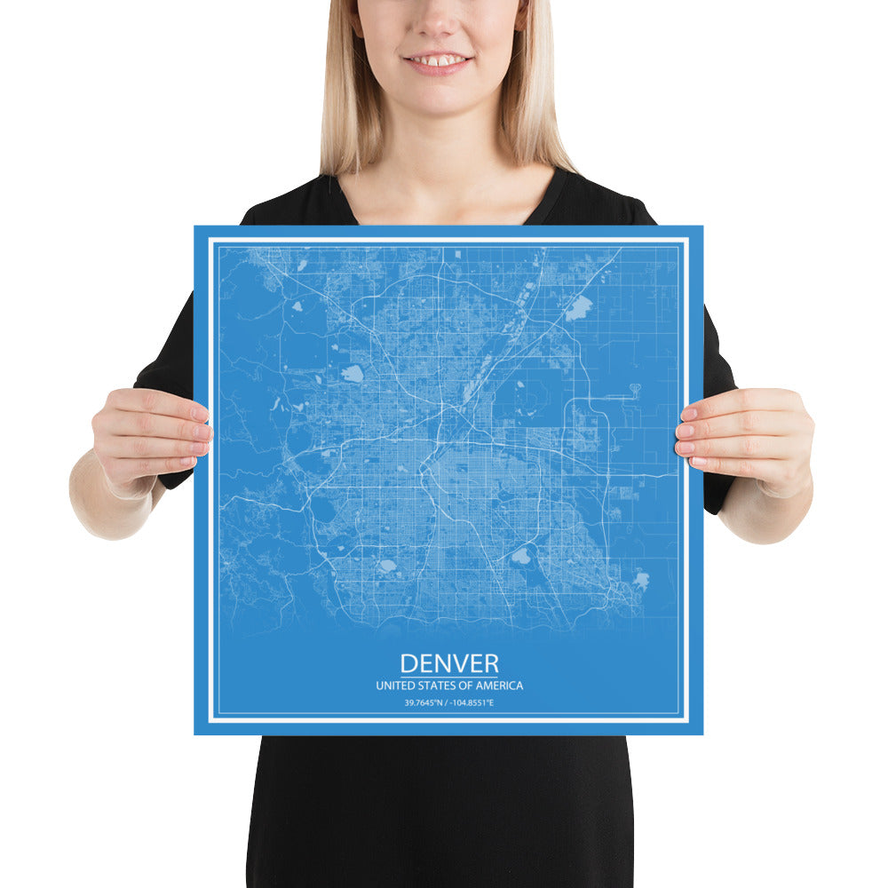 Denver Blue and White Paper Map