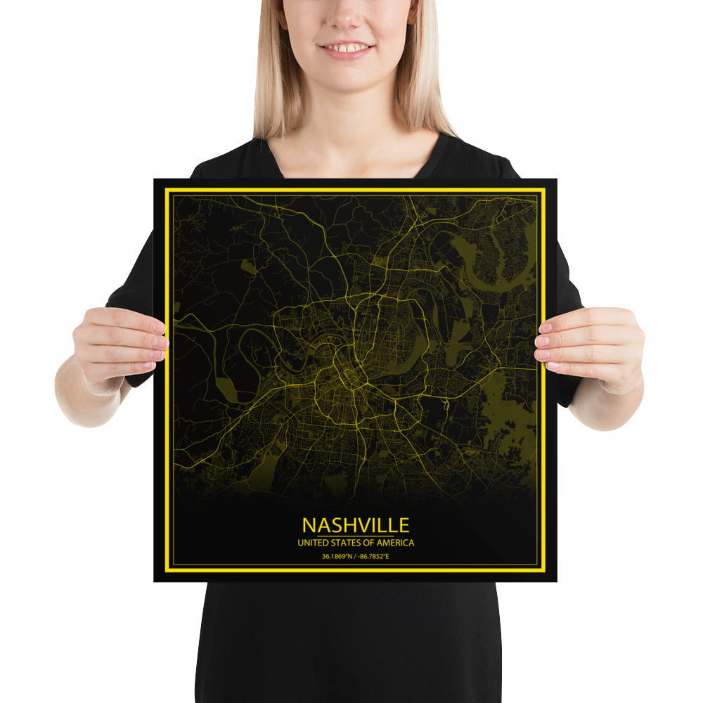 Nashville Black and Yellow Paper Map