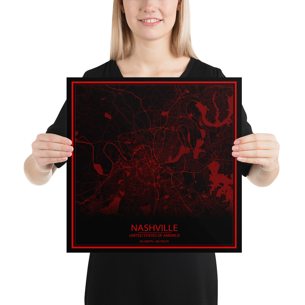 Nashville Black and Red Paper Map