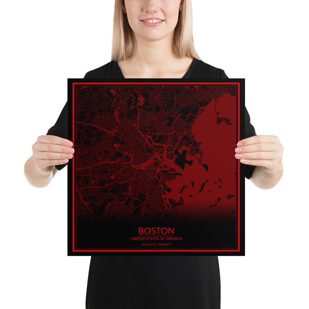 Boston Black and Red Paper Map