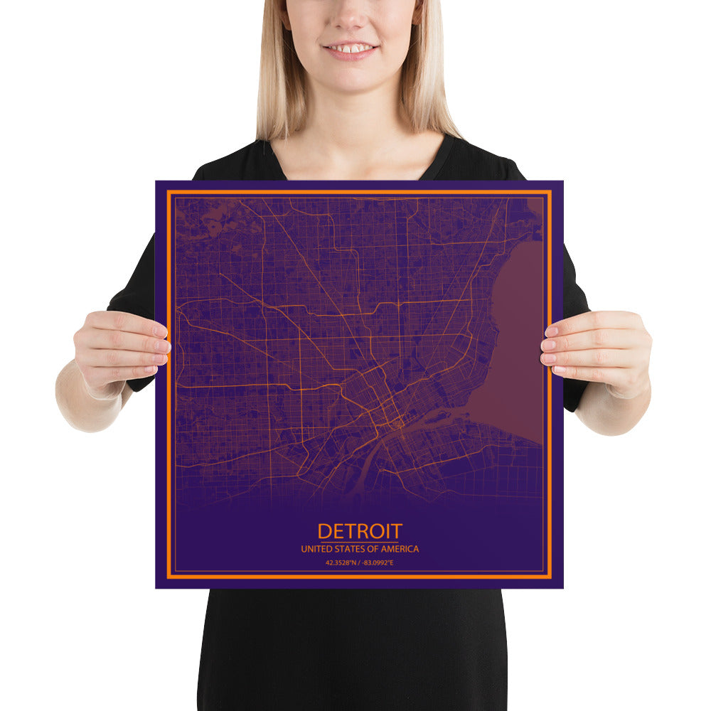 Detroit Purple and Orange Paper Map