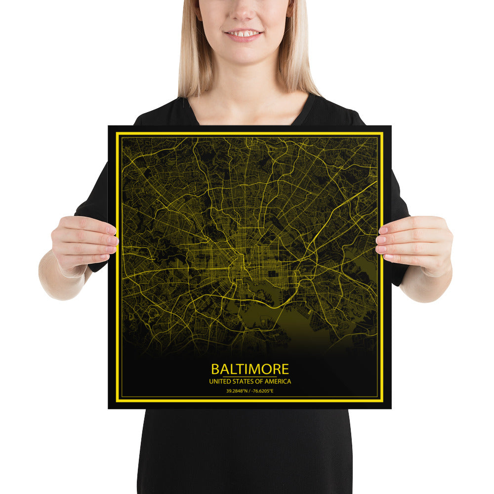 Baltimore Black and Yellow Paper Map