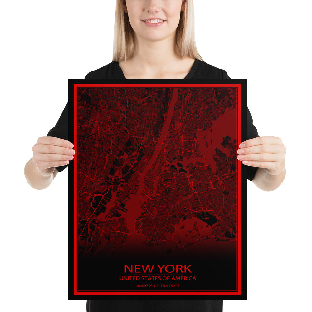 New York Black and Red Paper Map