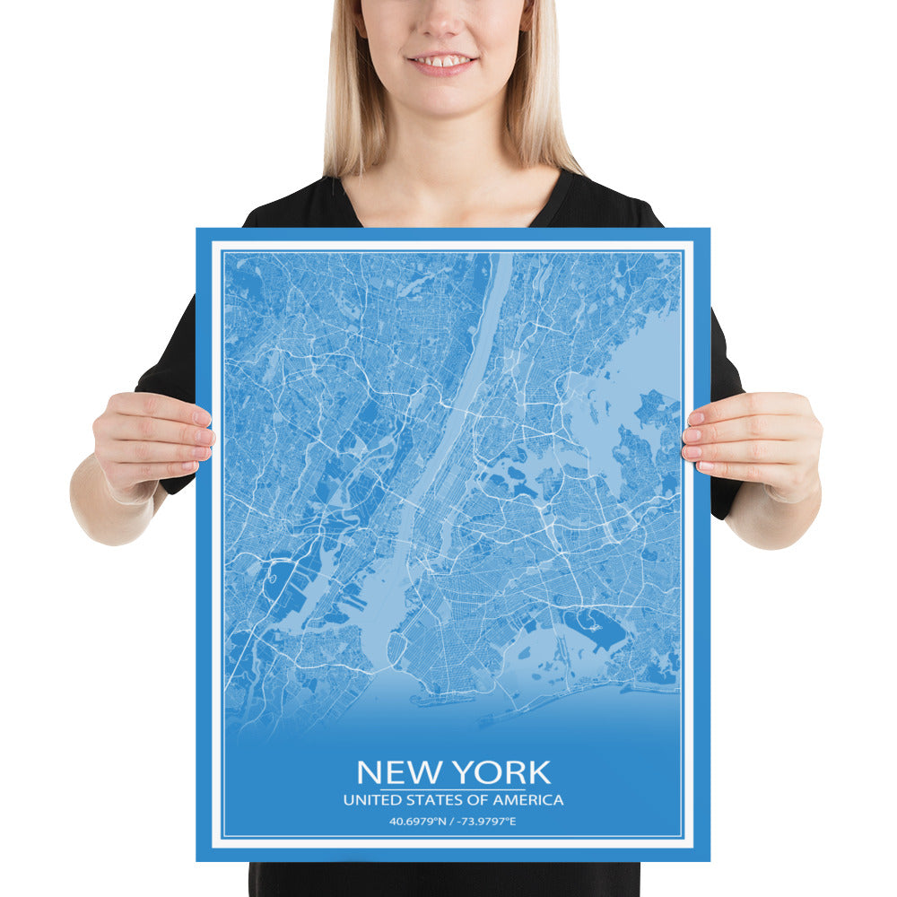 New York Blue and White Paper Map