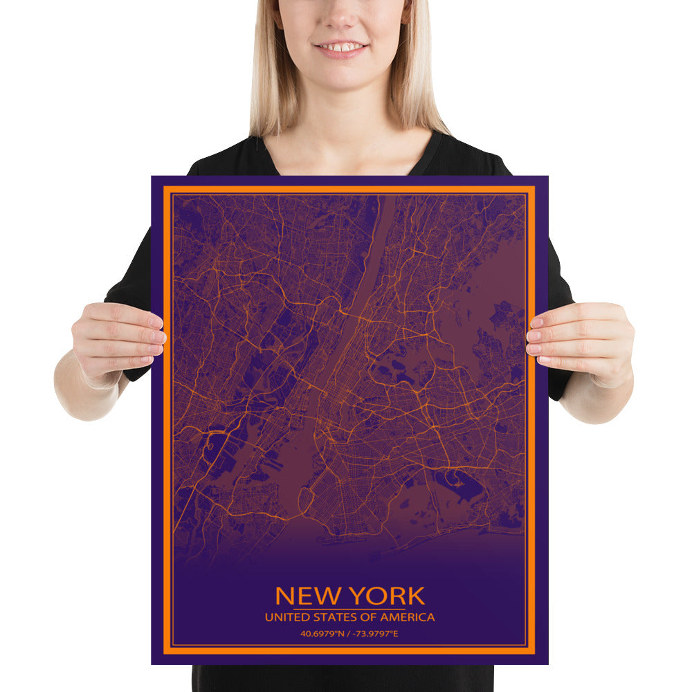 New York Purple and Orange Paper Map