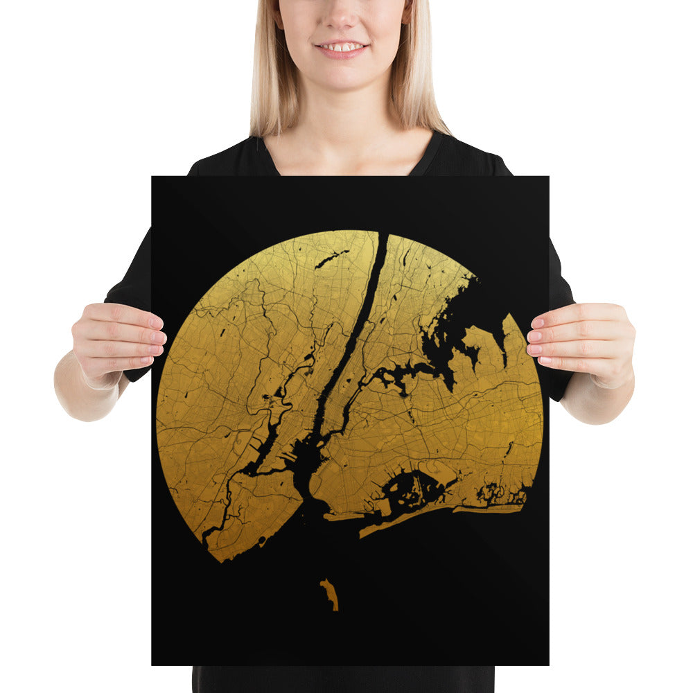 New York Gold on Black Paper Map