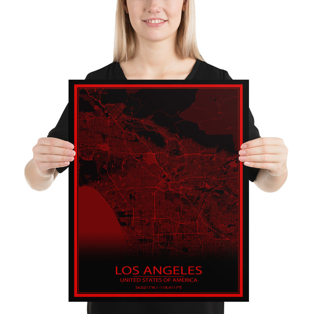 Los Angeles Black and Red Paper Map