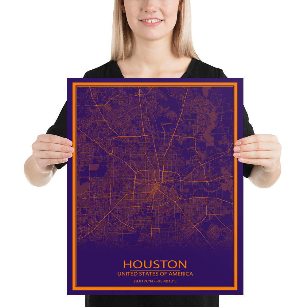 Houston Purple and Orange Paper Map