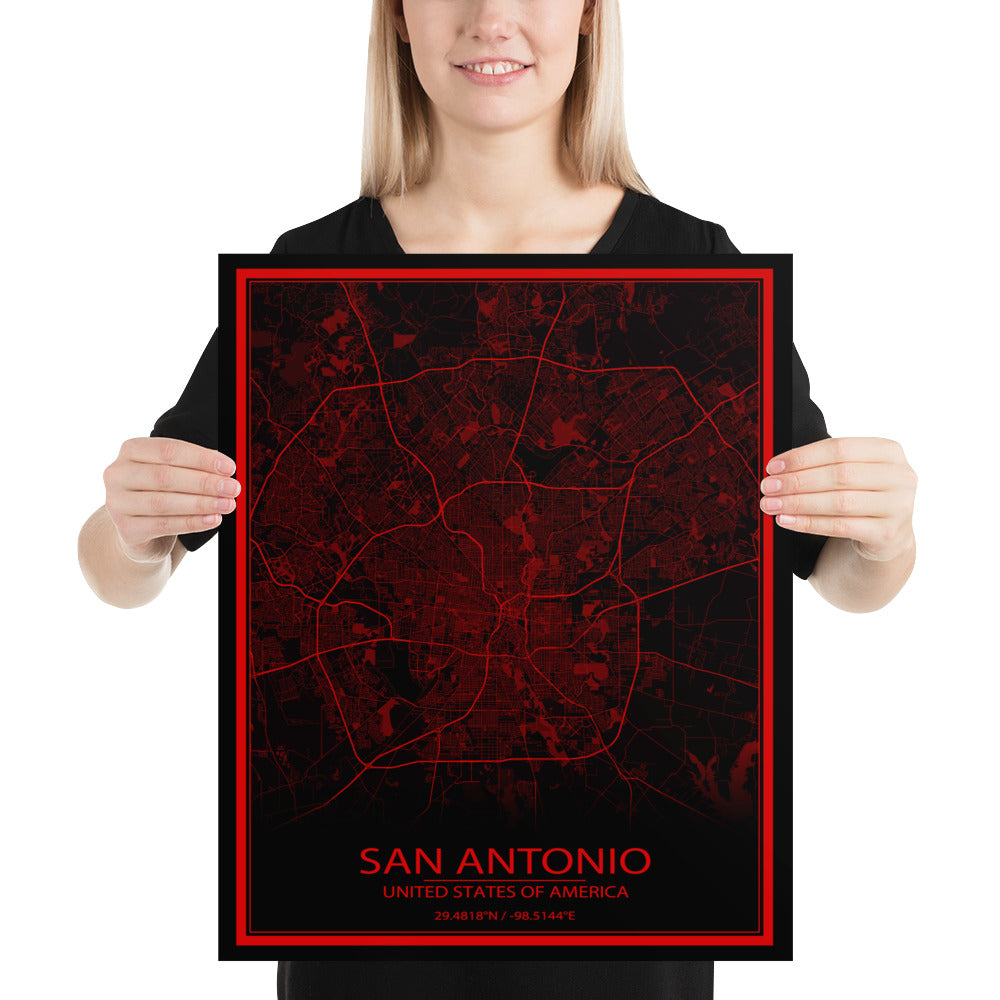 San Antonio Black and Red Paper Map