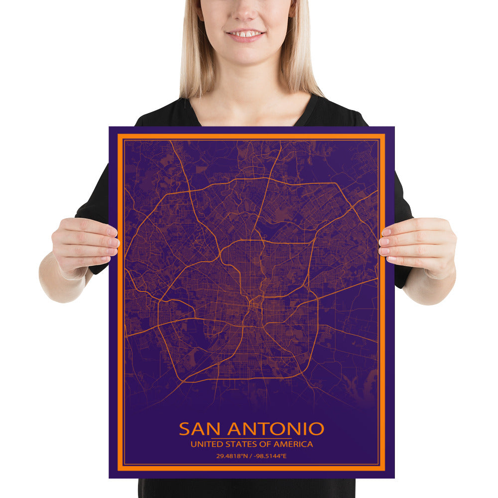 San Antonio Purple and Orange Paper Map