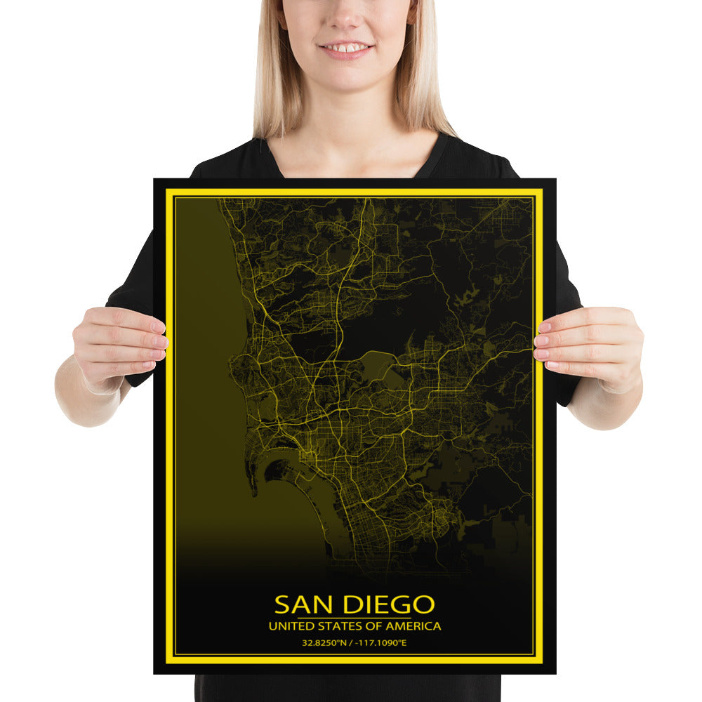 San Diego Black and Yellow Paper Map