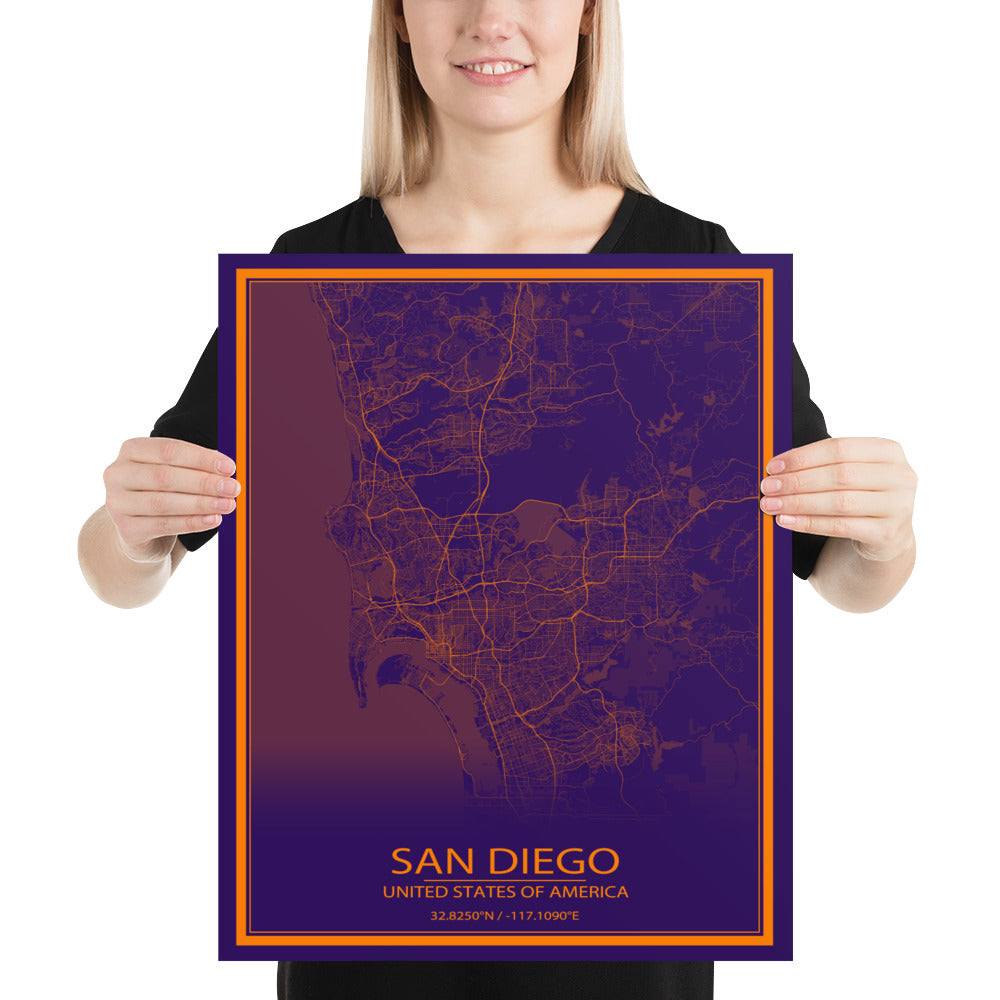 San Diego Purple and Orange Paper Map