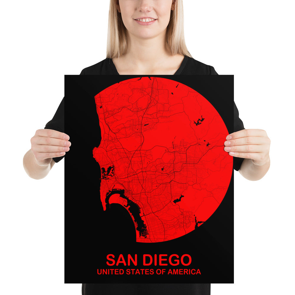 San Diego Circular Red Paper Map