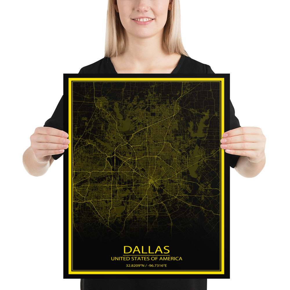 Dallas Black and Yellow Paper Map