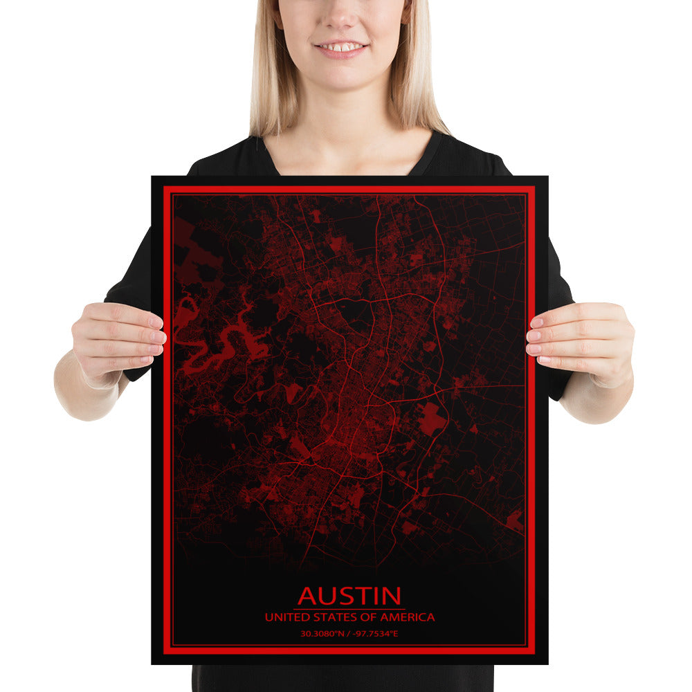 Austin Black and Red Paper Map