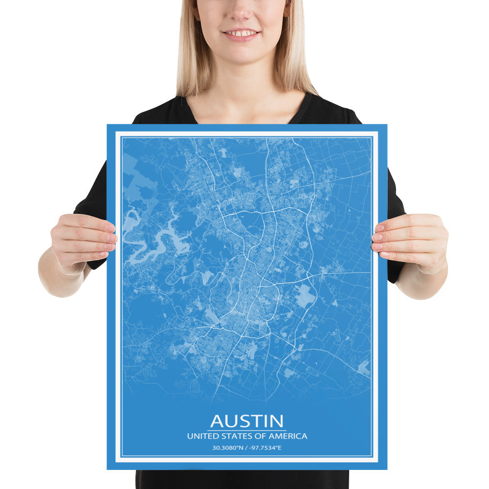 Austin Blue and White Paper Map