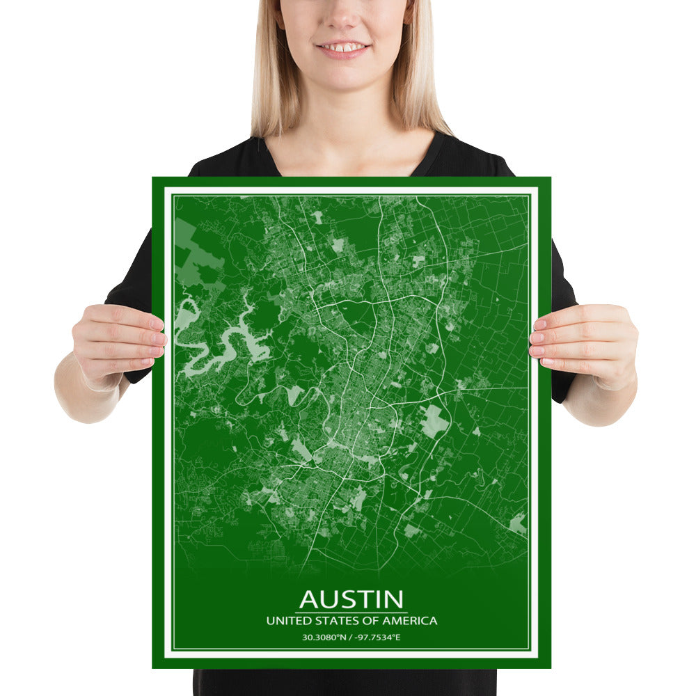 Austin Green and White Paper Map