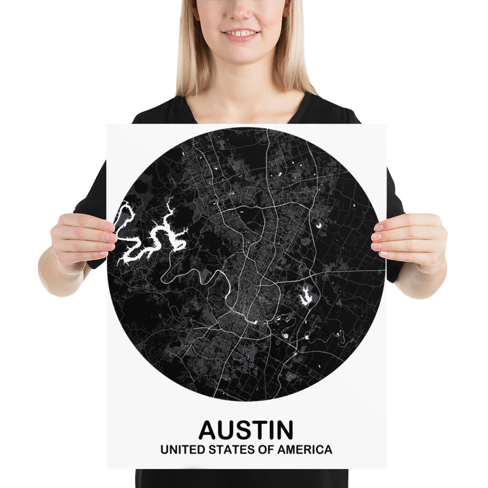 Austin Circular Black Paper Map