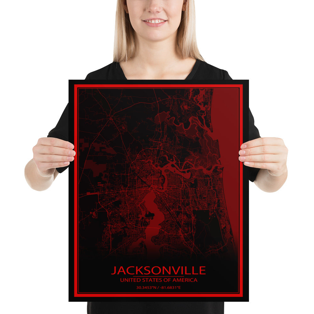 Jacksonville Black and Red Paper Map