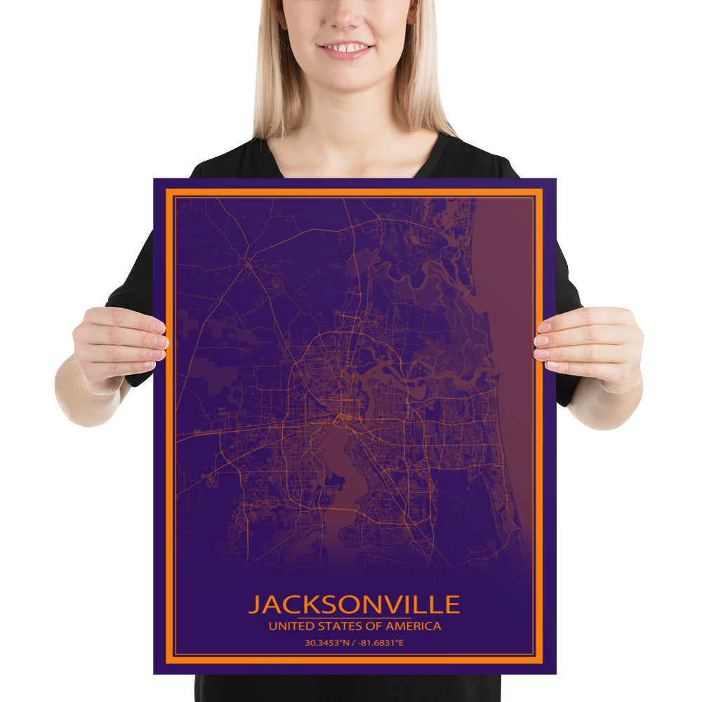 Jacksonville Purple and Orange Paper Map