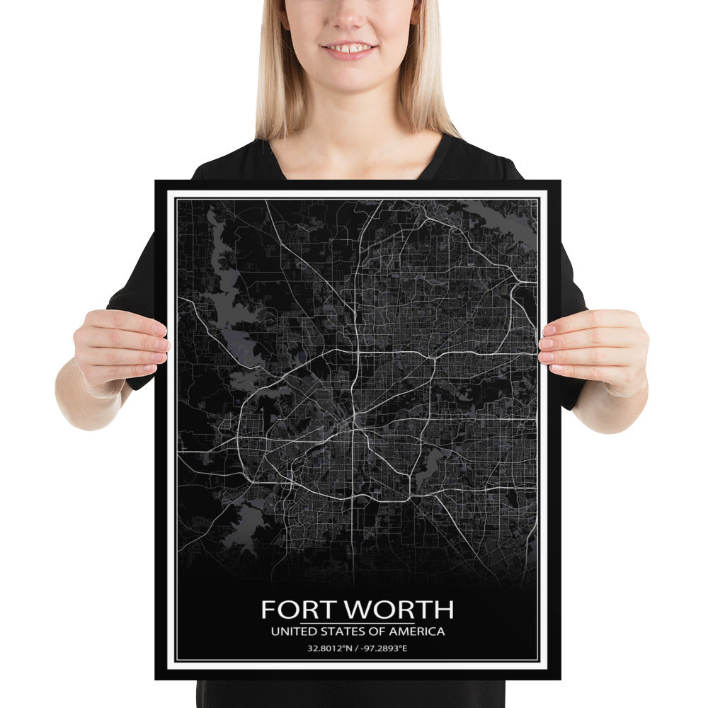 Fort Worth Black Paper Map