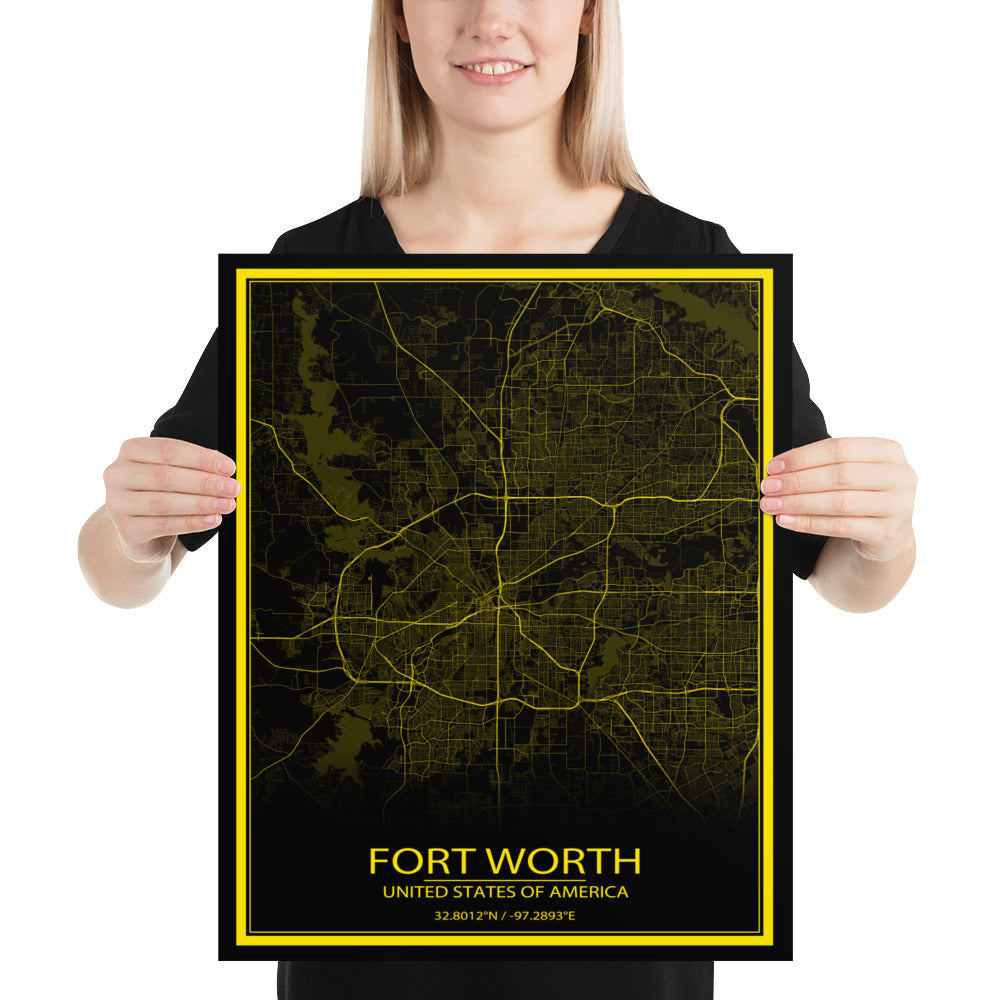 Fort Worth Black and Yellow Paper Map