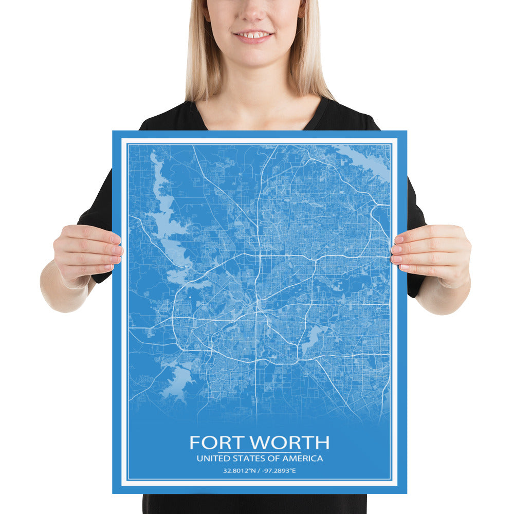 Fort Worth Blue and White Paper Map