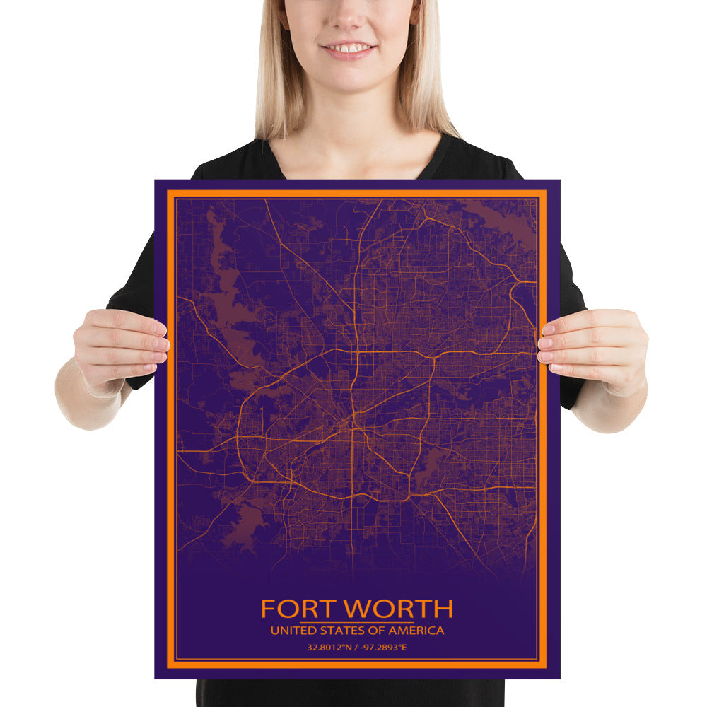 Fort Worth Purple and Orange Paper Map