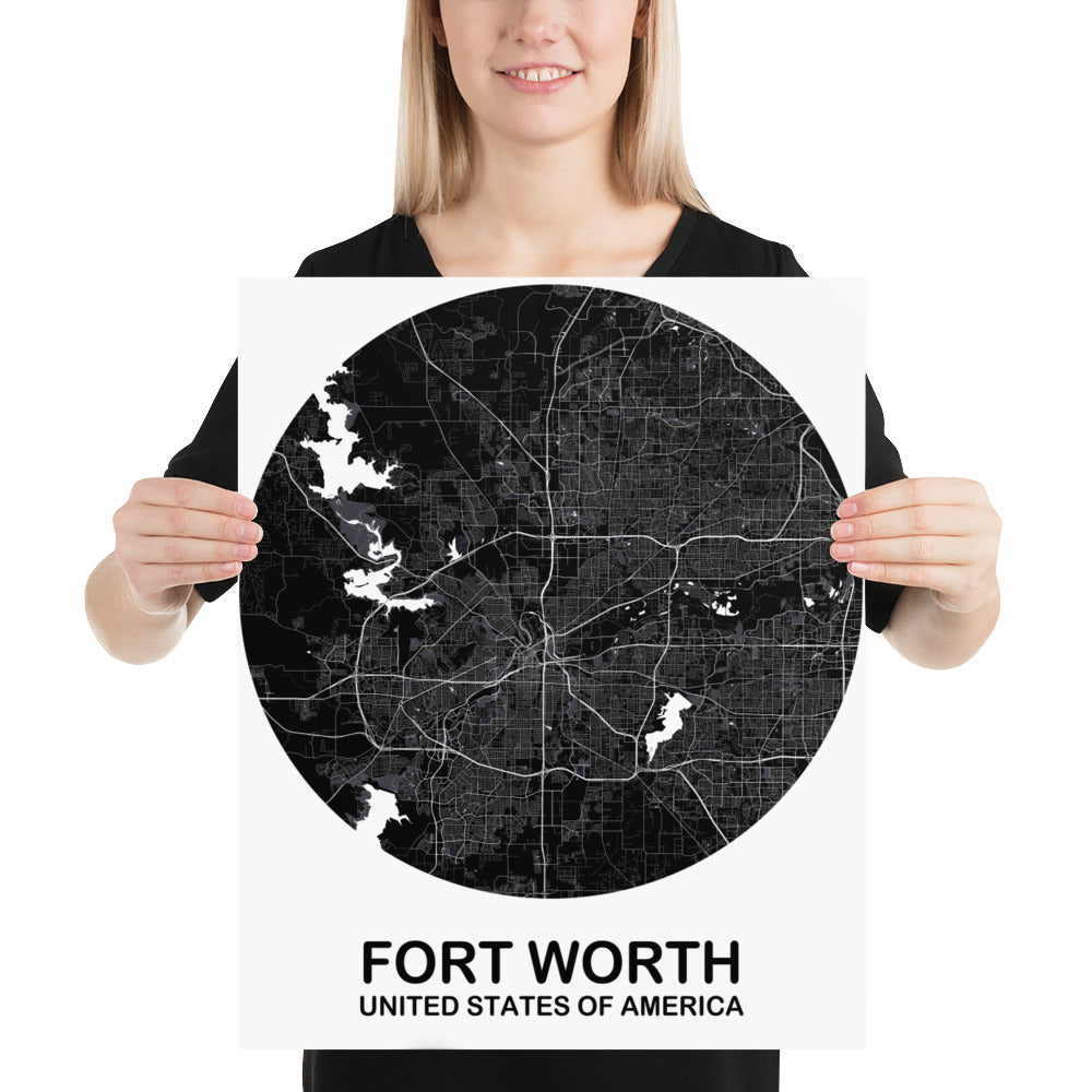 Fort Worth Circular Black Paper Map