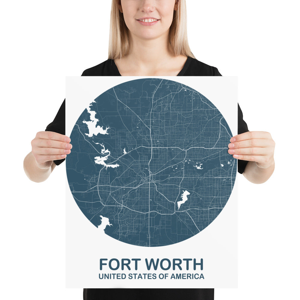 Fort Worth Circular Blue Paper Map