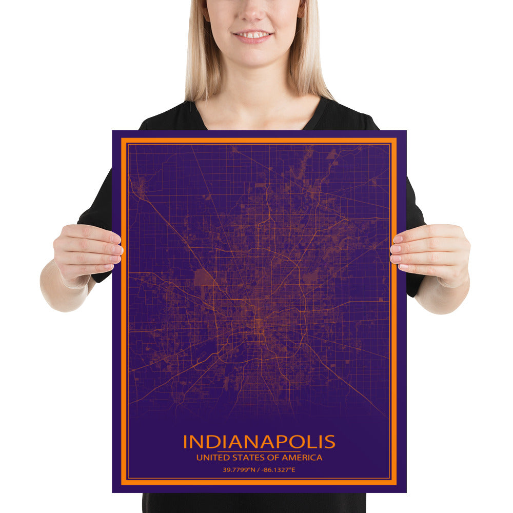 Indianapolis Purple and Orange Paper Map