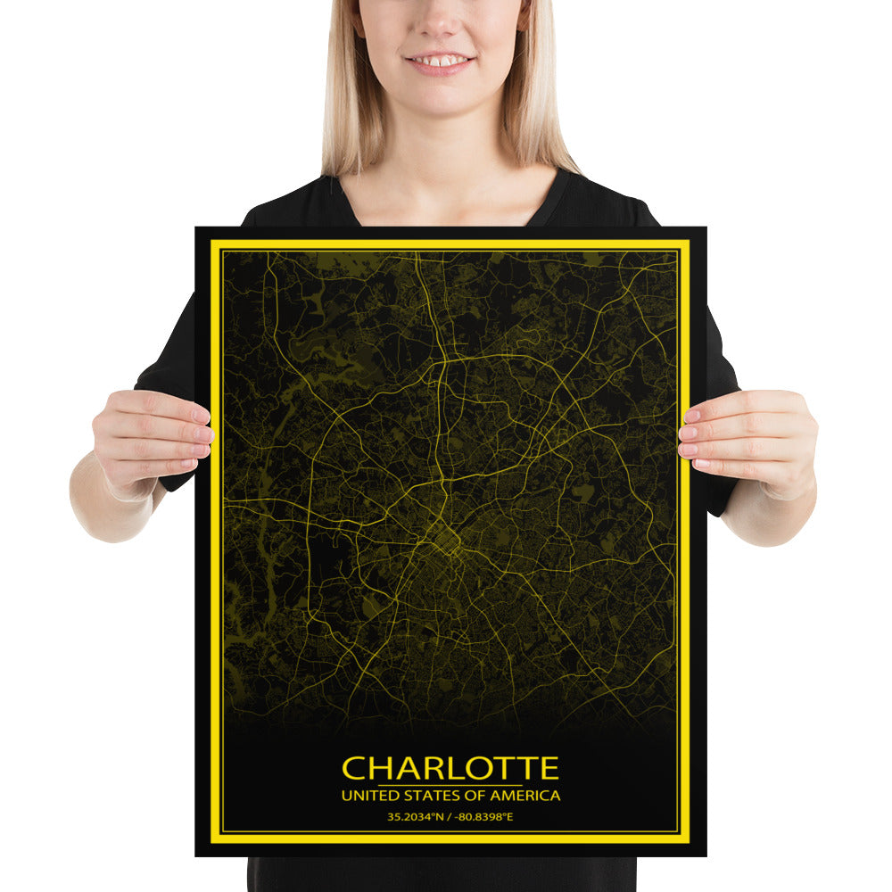 Charlotte Black and Yellow Paper Map