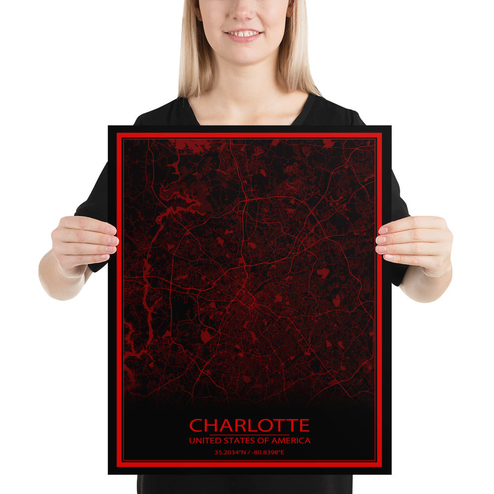 Charlotte Black and Red Paper Map