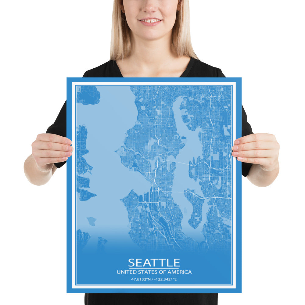 Seattle Blue and White Paper Map