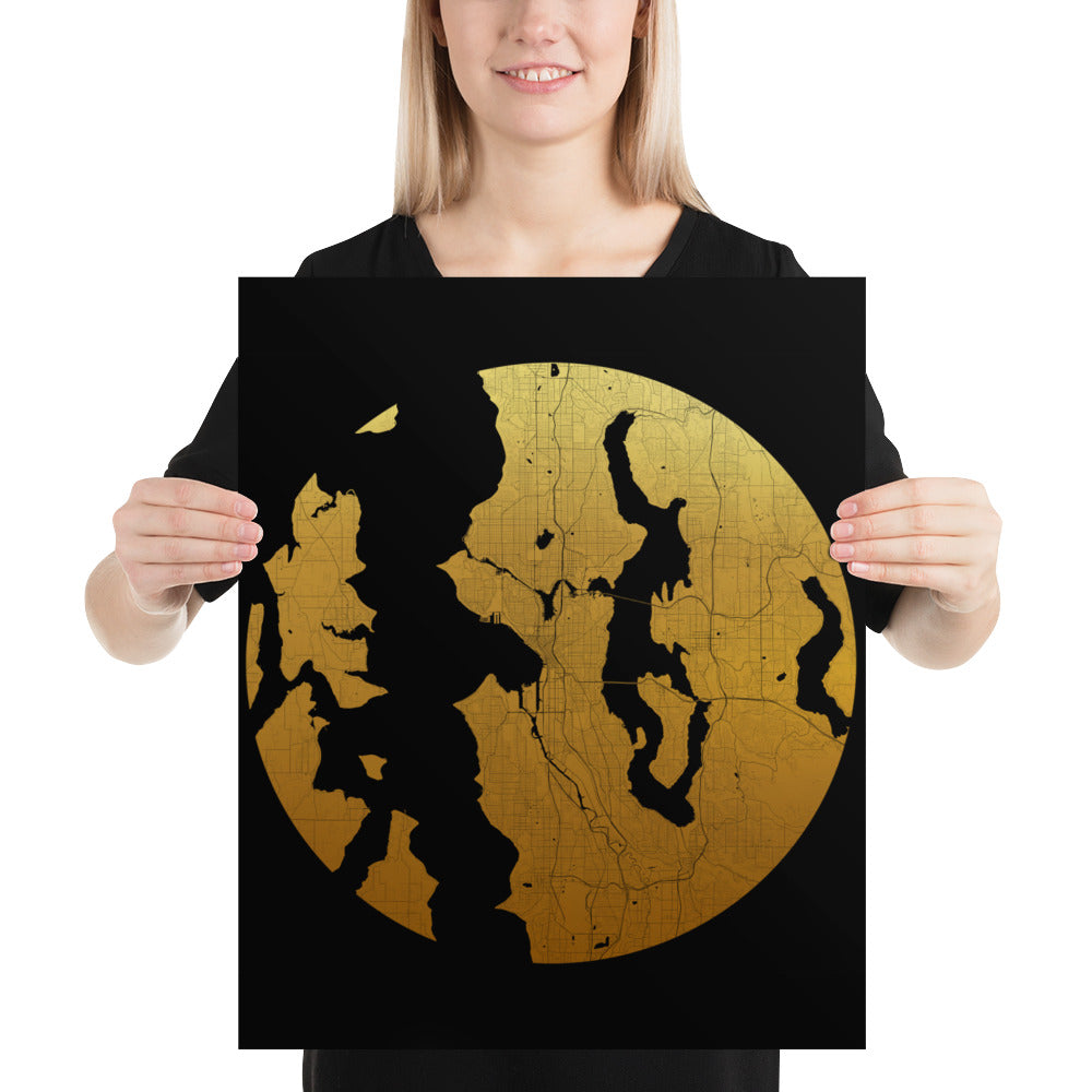 Seattle Gold on Black Paper Map